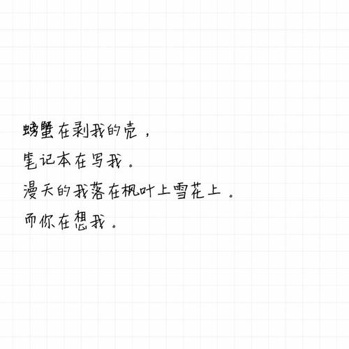“螃蟹在剥我的壳,笔记本在写我。漫天的我落在枫叶上雪花上。而你在想我。”这句话什么意思?这是笔记本-图2 “螃蟹在剥我的壳,笔记本在写我。漫天的我落在枫叶上雪花上。而你在想我。”这句话什么意思?这是笔记本-图2